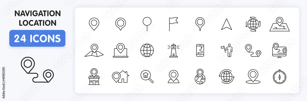 Poster set of 24 navigation and location web icons in line style. gps, compass, global, marker, map, pointe