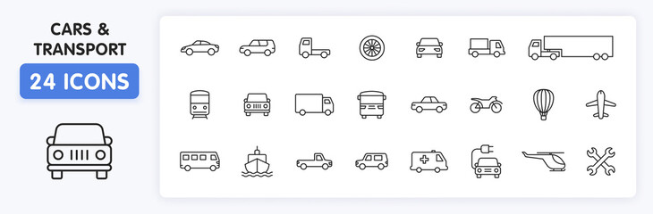 Set of 24 Cars and transport web icons in line style. Airplane, bus, parking, travel, train, comfortable. Vector illustration.