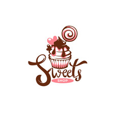 sweets shop logo with cupcake vector image and calligraphy composition - 409834028