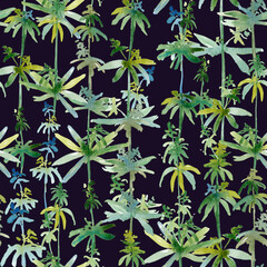 Field plant. Watercolor branches of a field grass. Spring wild flowers, twigs, leaves. Seamless pattern on a dark background. Natural, botanical, trendy. For printing and design on fabric, paper.