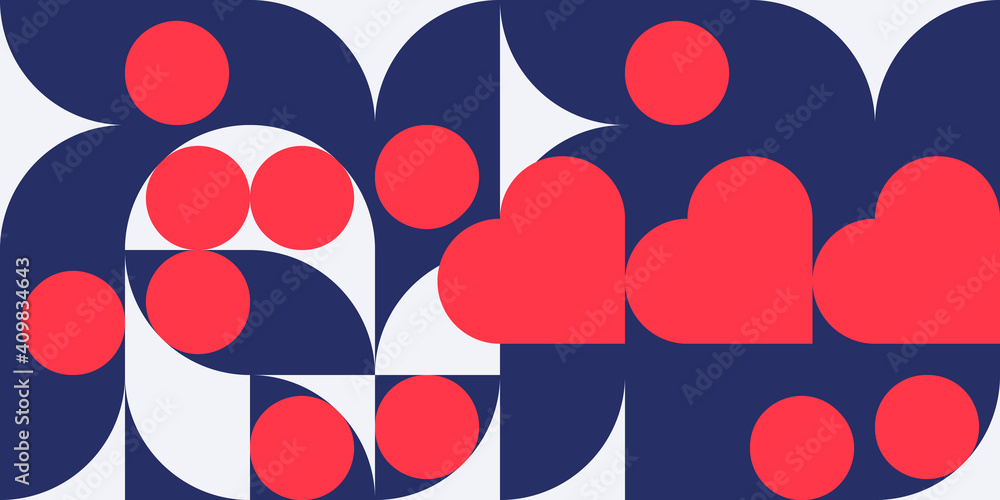 Poster Romantic vector abstract  geometric background with hearts, circles, rectangles and squares  in retro scandinavian style. Pastel colored simple shapes graphic pattern. Abstract mosaic artwork.