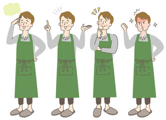 エプロン姿の男性の色々な表情セット