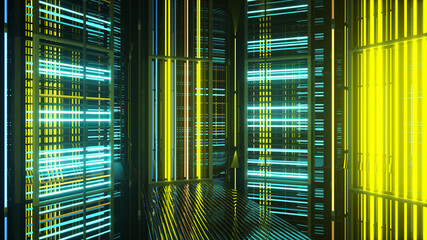 Obraz premium Bright neon lights in a metal room. Modern fluorescent light. Green yellow neon spectrum. 3d illustration