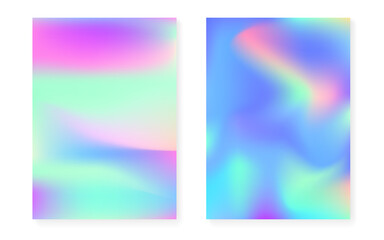 Holographic gradient background set with hologram cover. 90s, 80s retro style. Iridescent graphic template for brochure, banner, wallpaper, mobile screen. Fluorescent minimal holographic gradient.