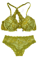 Bra and panties isolated. Close-up of a beautiful feminine stylish green bra and a luxurious...