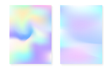 Holographic gradient background set with hologram cover. 90s, 80s retro style. Pearlescent graphic template for book, annual, mobile interface, web app. Hipster minimal holographic gradient.