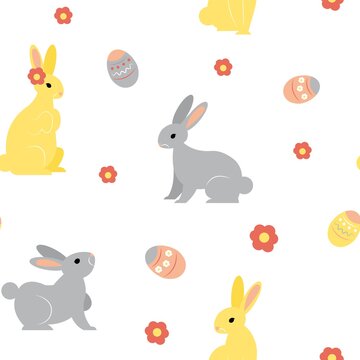 Simple vector bunnies and eggs seamless pattern on white background. pastel trendy colors. Easy to editable or changeable swatch for your designs - wallpaper wrapping paper, textile, backdrop.