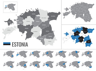 Detailed vector map of regions of  Estonia with flag