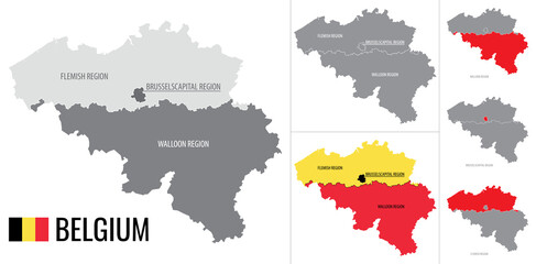 Detailed vector map of regions of Belgium with flag - obrazy, fototapety, plakaty