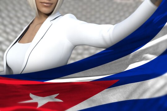 cute business lady holds Cuba flag in front on the modern architecture background - flag concept 3d illustration