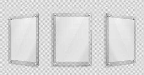 Acrylic poster, blank glass frame hang on wall isolated on transparent background. Empty photo frame template, rectangular name plate, plexiglass banner, holder mockup Realistic 3d vector illustration