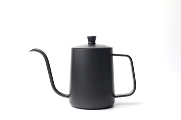 Goose neck coffee kettle isolated on white background. Mainly use for brewing black coffee. Its thin long curve neck enable a barista to control hot water while using dripper to brew coffee.