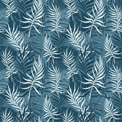 BLUE BACKGROUND WITH PALM AND MONSTERA LEAVES
