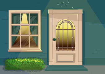 Elements of architecture facade of the house with door and window in the evening. Background vector illustration.