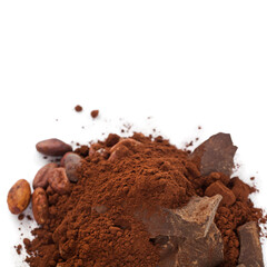 Cocoa beans with cocoa powder and cocoa pieces isolated on a white background. Macro photography.