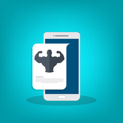 Mobile fitness. Fitness app - online fitness training icon with smartphone, flat design