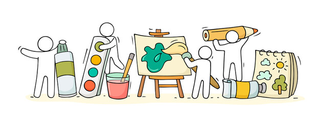 Sketch of art class with working little people