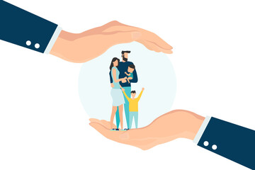 Family safety, life insurance or protection concept, lovely family holding hands, parent with children in helping hand, palm with other hand covering from above for shelter and protection.