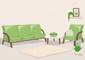 Living room interior with furniture and houseplants during the day. Vector illustration for the interior of the room.