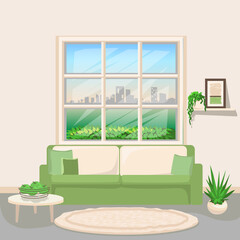 Living room interior with window and furniture and houseplants in the daytime. Vector illustration for the interior of the room.