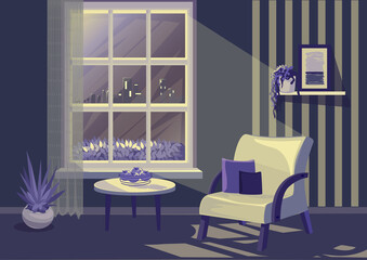 Living room interior with window furniture and house plants at night. Vector illustration for the interior of the room.