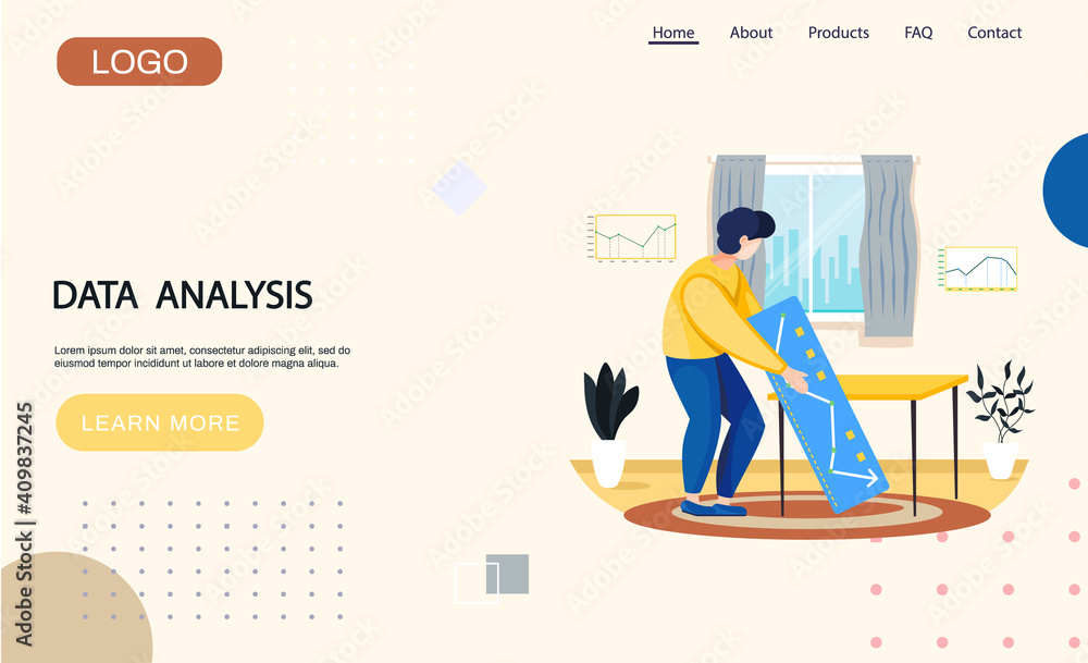 Poster data analysis, analytics landing page template with man holding board with ascending arrow graph, wo