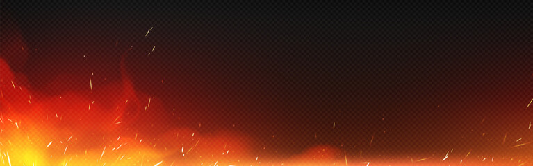 Fire with sparks and smoke isolated on transparent background. Vector realistic illustration of hot blaze with flying sparkles and burning particles from bonfire, ignition or blacksmith stove © klyaksun