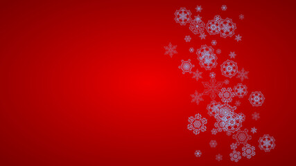 Christmas frame with snowflakes on red background. Santa Claus colors. Horizontal Christmas frame for holiday banners, cards, sales, special offers. Falling snow with bokeh and flakes for celebration