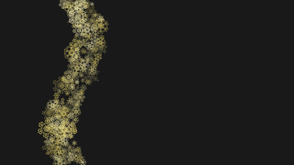 Gold snowflakes frame on black background. New year theme. Horizontal shiny Christmas frame for holiday banner, card, sale, special offer. Falling snow with gold snowflake and glitter for party invite