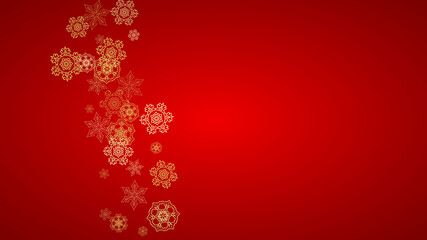 Fototapeta na wymiar Christmas snowflakes on red background. Horizontal glitter frame for winter banner, gift coupon, voucher, ads, party event. Santa Claus color with golden Christmas snowflakes. Falling snow for holiday