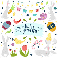 Hello spring banner template with  bunny rabbit, chick and flowers.
