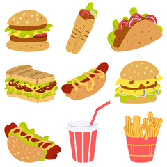 Collection of colorful cartoon fast food icons.