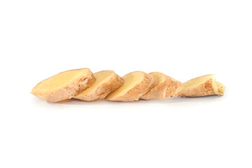 sliced ginger on white.