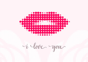 Horizontal light background with red lips and inscription I love you. Vector illustration.