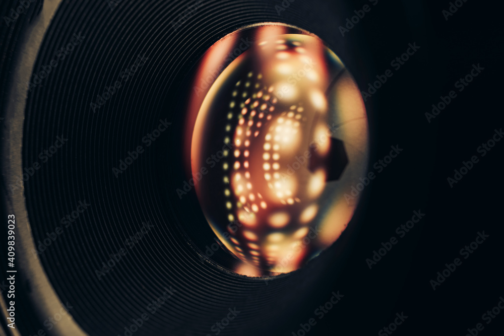 Poster Beautiful abstract camera lens background multi colored glass reflection.