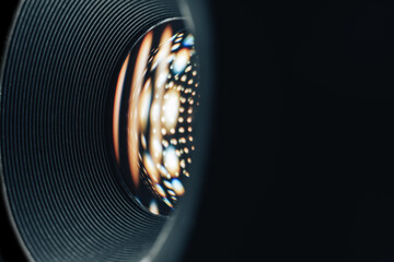 Beautiful abstract camera lens background multi colored glass reflection.