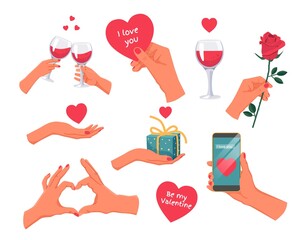 set of vector pictures, icons or stickers with hand gestures, heart, glass of wine, gift and rose. Use as a symbol of love, congratulations, March 8 and Valentine's Day. Isolated stock illustration