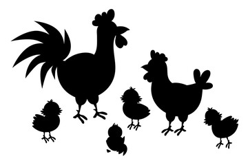 Adult hen and rooster with chickens on a white background. A cute hen family with their chickens. Silhouette