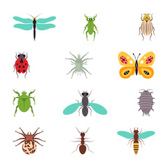 Insects icons flat set isolated vector illustration