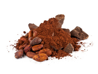 Cocoa beans with cocoa powder and cocoa pieces isolated on a white background.