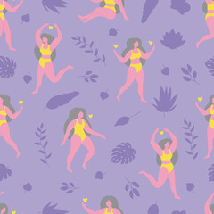 Abstract feminine seamless pattern. Women dressed in bikinis. Body positive. Tropical leaves and flowers silhouettes. International women's day.