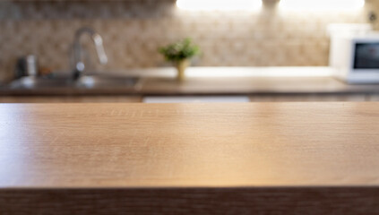 blurred kitchen interior and wooden desk space home background