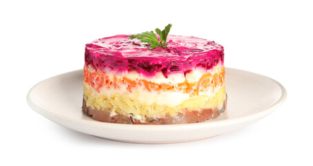 Herring under fur coat isolated on white. Traditional russian salad