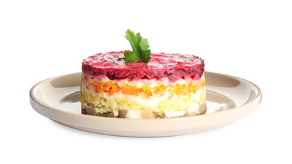 Herring under fur coat isolated on white. Traditional russian salad