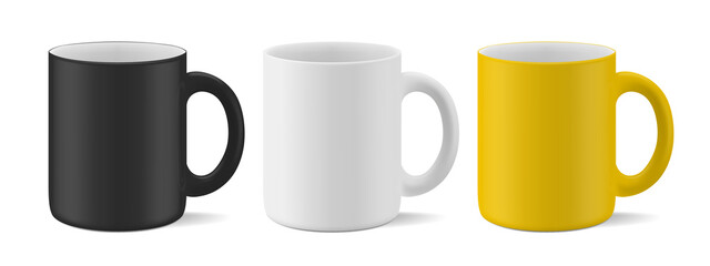Vector realistic mockup (template, layout) of a matte mug for drinks perspective view. White, black, yellow blank isolated cup. EPS 10