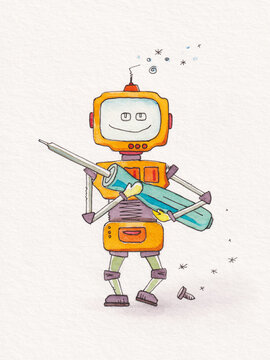tin bot robot with a screwdriver