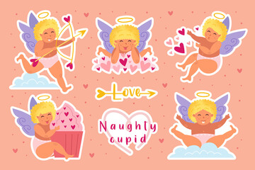 Funny cupids with blond hair and halo. Clip arts, set of elements, stickers. Angel, cherubim, child, boy, newborn. Love, relationship, wedding. St Valentine's Day.