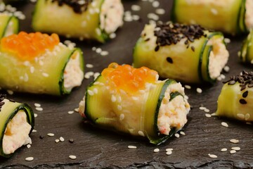 Cucumber rolls, vegetarian food, delicious and healthy breakfast