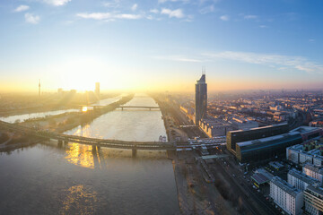Vienna in Austria. Brigittenau district and danube island during sunrise.