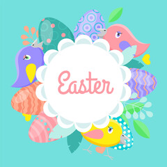 Easter vector card, eggs in bright colors and cute birds.